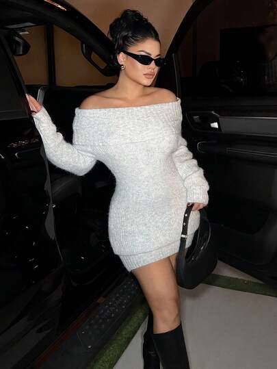 Dayanna Comas 灰色露肩高领长袖迷你毛衣裙，上衣宽松下装紧身，适合年轻女士，秋冬