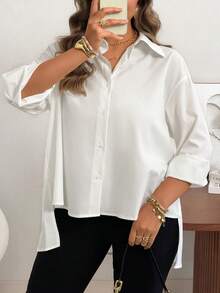 Vionelle Plus Size Woven Shirt Collar Long Sleeve Open Front Casual Blouse - White - View 1