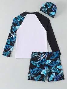 8-12岁男童棕榈叶印花长袖吊带泳衣套装，含泳帽，学生沙滩冲浪泳装，时尚泳衣套装 - 彩色 - 查看 2