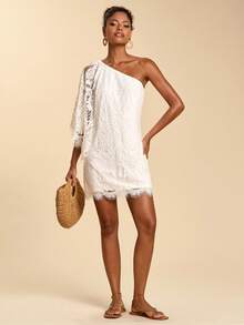 Travachic Đầm ngắn hai dây ren màu trơn thanh lịch dành cho nữ - trắng - Xem 5