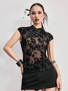 ROMWE Avant Spring/SummergraphicNew Chinese Style Mandarin Collar Mesh Flocked Mesh Asymmetric Slim Fit Women Top - Black - View 5