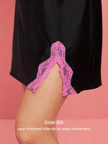 LUVLETTE Sexy Silky Satin Luxurious Lace Trim Black V-Neck Strappy Camisole Loungewear Slip Dress Airy Nightdress Lingerie Valentine's Day Gifts - Black - View 6