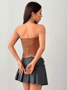 SHEIN PETITE Brown Sleeveless Strapless Crop Top Women's Party Style PU Leather With Ruched Textured Pattern - Brown - View 2