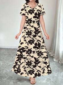 Seusyu 女士优雅V领卡其色短袖印花针织连衣裙，适合作为外套或内搭/工作服穿着，适合约会、度假、日常、休闲、派对、节日等场合。 - 卡其色 - 查看 5