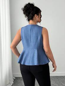 SHEIN PETITE CURVE Plus Size Women Elegant Sleeveless Blouse, Commuter Chic Top, Versatile For Work, Spring/Summer Summer Peplum Top Peplum Tops - Blue - View 2