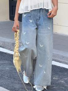 Dazy Kids Jeans de niña preadolescente con estampado bordado de mariposa - Lavado ligero - Ver 5