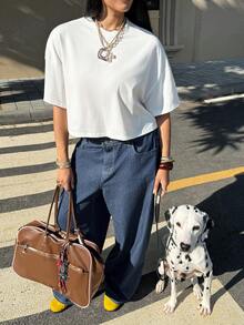 SHEIN EZwear 大碼素色落肩T恤 - 白色 - 查看 3