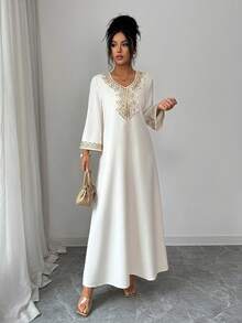 Elenzga Đầm dài tay xẻ tà thanh lịch dành cho nữ, phối nhiều dải ruy băng, thích hợp cho mùa xuân/hè. - Màu be - Xem 6