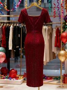 Franclia 女士纯色酒红色交叉方领褶皱腰身修身迷你连衣裙，酒红色连衣裙，红色连衣裙，假日，新年，情人节，夏季，约会 - 酒紅色 - 查看 2