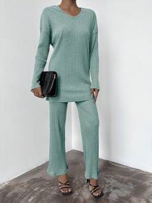 EURMUSE 2pcs Women Casual Commuting Solid Color Long Sleeve Top And Pants Set - Mint Green - View 5