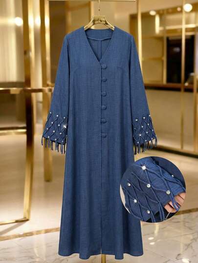 Yasmyna Damklänning med blygsam elegant V-ringning och strassdekor, lös arabisk abaya