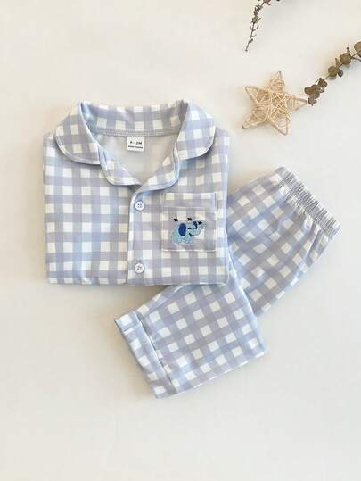 2件套婴儿/幼儿男童简约格子阻燃面料短袖上衣和裤子休闲舒适睡衣套装