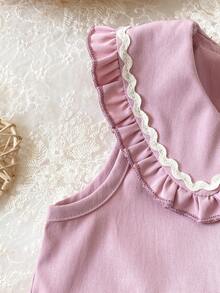 2pcs Baby Girls Elegant Gray-Pink Peter Pan Collar Apricot Ruffle Trim Sleeveless Top And Pants Casual Comfortable T-Shirt Set - Pink - View 6