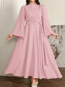 Modelyn Plus Size Women's Elegant Long Dress With Stand Collar And Flowing Scarf, Deep Red - Pink - View 7