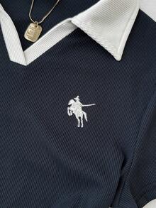 SHEIN Tween Girls' Navy Blue & White Collar Knit Casual Colorblock Fitted Crop Top With Small Logo Embroidery - Royal Blue - View 7