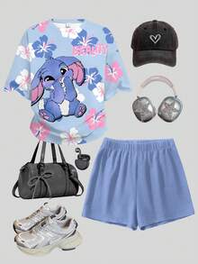 2pcs Tween Girls Casual Cartoon Print Short Sleeve Top And Shorts Set, Suitable For Summer - Multicolor - View 3