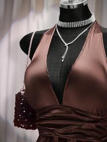 SHEIN ICON 大码女士缎面深V领吊带连衣裙，棕色 - 棕色 - 查看 6