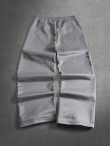 Manfinity Hypemode Men's Letter Print Drawstring Waist Pocket Wide Leg Loose Sweatpants,Dark Grey Summer Streetwear Groove Lounge Athletic Baggy Pants Ronaldo - Light Grey - View 2