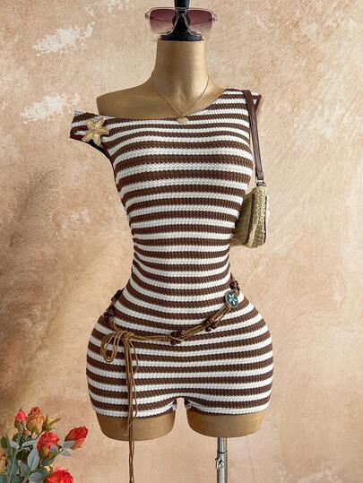Soleia Women's Casual Vacation Striped Sexy Asymmetric-Shoulder Starfish Metal Decor Bodycon Mini Romper, Suitable For Beach, Cruise, City Holiday, Vacation, Music Festival, Boho One Piece Romper Beach Romper Striped Striped,Beach Cruise Vacation Striped, Casual Vacation Outfit, Beach Vacation Outfit Brown And White Striped Romper Striped One Piece