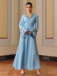 Anewsta Women's V-Neck Flare Sleeve Pearl Embellished Elegant Dress - Blue - View 3