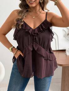 Ceyna Women's Semi-Sheer Woven Fabric Flared Ruffle Hem Cami Tank Top In Regular Length - Coffee Brown - View 1