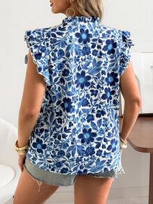Franclia Blue Plus Size Notched Blouse Long Ruffle Cap Sleeve Floral Print Shirt In Boho Style Woven Fabric - Blue - View 2