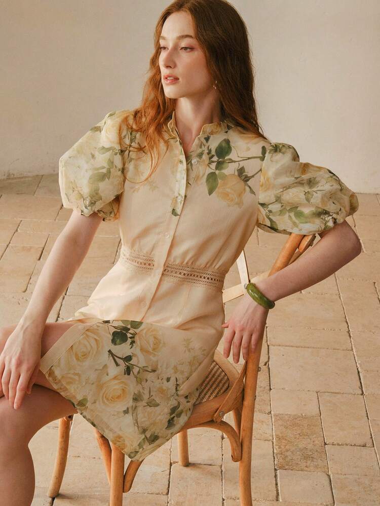 WOMEN'S FLORAL PRINT PUFF SLEEVE DRESS