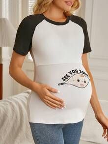 SHEIN Contrast Color Casual Comfortable Printed Nursing Maternity T-Shirt - Black and White - View 5