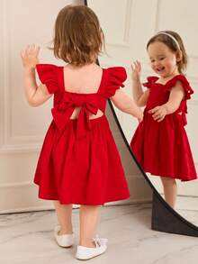 SHEIN Cute Summer Bowknot Hollow Out Red Cap Sleeve Dress For Baby Girl