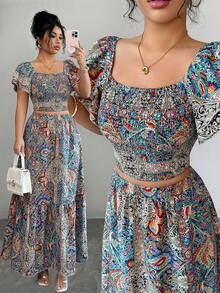 Elenzga 女士优雅时尚通勤休闲舒适迷人复古浪漫假日荷叶袖方领露脐上衣和A字迷你裙两件套 - 彩色 - 查看 3