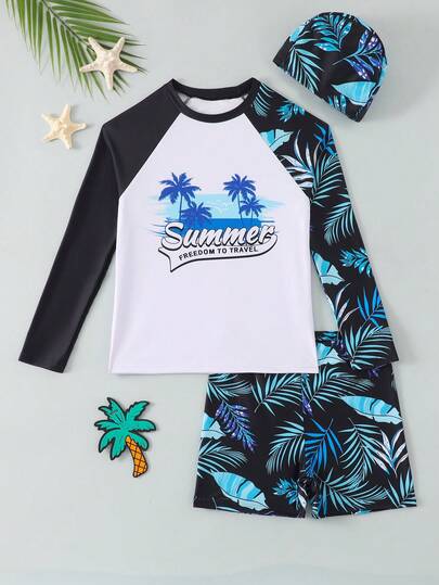 8-12岁男童棕榈叶印花长袖吊带泳衣套装，含泳帽，学生沙滩冲浪泳装，时尚泳衣套装