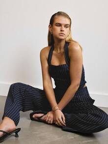 Aralina Women's Elegant Halterneck Stripe Top With Matching Stripe Pants Set Perfect For Christmas Party New Years And Thanksgiving Outfits - Navy Blue - View 4