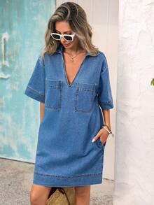 Vivid Eden New Arrival Loose Denim Dress With Lapel Collar, Short Sleeve, European And American Style Women - Medium Wash - View 5