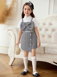 Elladie kids Set de 3 piezas para niñas jóvenes: Camisa de solapa de verano nueva, Camiseta sin mangas de manga corta y abierta por delante, Falda pantalón casual con lazo, Decoración con botones, Estilo minimalista y elegante, Versátil para verano, trabajo y fiesta - Blanco y Negro - Ver 6