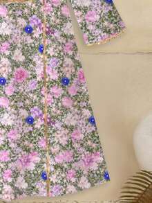 [1 Piece]4-7 Year Old Girl Lavender Middle Eastern Forest Style Floral Pattern Gold Border Long Sleeved Dress For Autumn,Family Matching,Wedding Guest - Multicolor - View 5