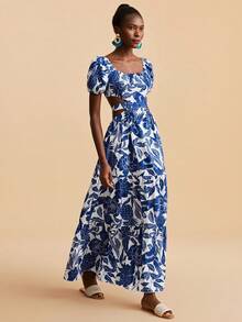Travachic Women's White And Blue Floral Puff Sleeves Cutout Waist Dress,Boho Autumn Vacation Holiday Outfits,Elegant Party,Luxury Wedding Bridesmaid Ceremony - Multicolor - View 5