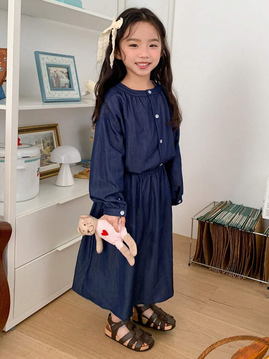 DAZY 2pcs/Set Girls (Small) Casual Round Neck Long Sleeve Korean Style Shirt & Skirt Set - Blue - View 1