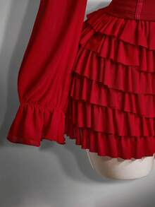 SHEIN ICON Bộ đồ đôi cỡ lớn phong cách Y2K gợi cảm gồm áo lưới cổ vuông nhún bèo tay phồng và quần short mini xếp tầng, màu đỏ rượu vang, thích hợp cho buổi hẹn hò ngày Valentine. - Màu Đỏ Sâu - Xem 8