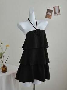 Elamini 白色3D立体花卉露背连衣裙（女款） - 黑色 - 查看 1