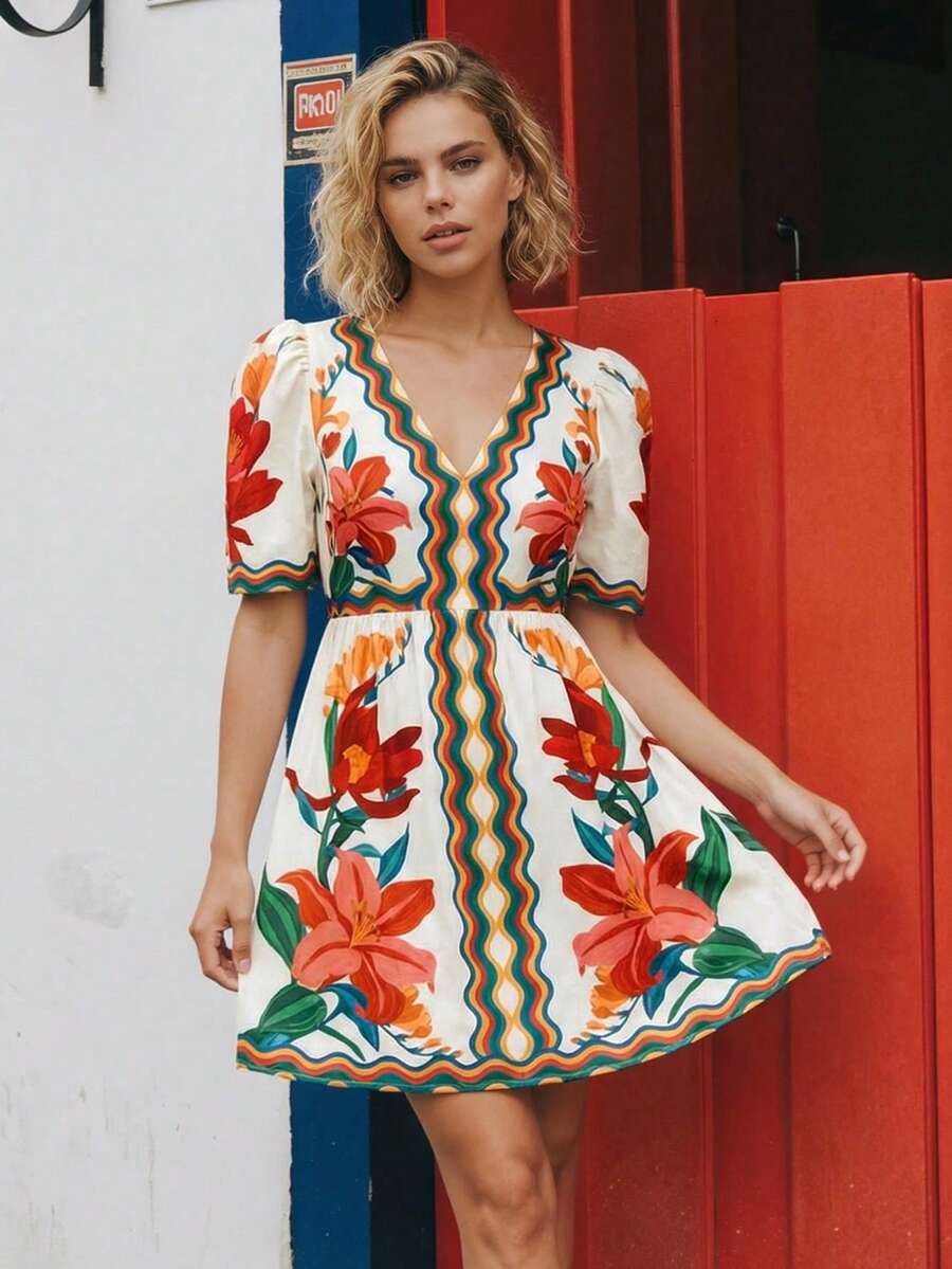 CAJUNI Short-Sleeve Dress Adorned With Watercolor Floral Prints - Multicolor - View 1