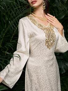 Al Najma Women's Chiffon Leopard Print Long Sleeve Tie Neck Elegant Floral Print Arabic Dress, Spring/Summer - Apricot - View 5