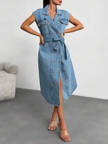 EURMUSE Button Up Front Denim 100%Cotton Dress Daily Wear - Light Wash - View 4