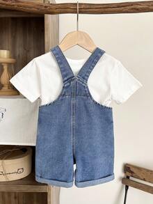 LMoss Kids Baby Boy Cute Cartoon Bear Print Denim Bib Shorts With Flap Pockets, Casual Daily Wear, Summer - Light Wash - View 2