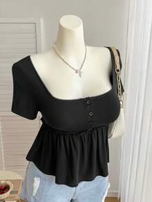 CovetEZ 大码女式休闲方领短袖黑色T恤上衣，夏季 - 黑色 - 查看 10