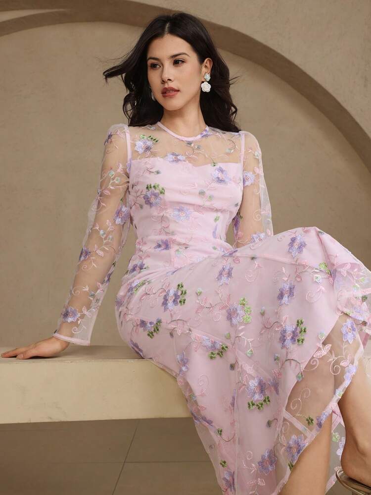 Spring/Summer Elegant Lace Trim Long Sleeve Midi Dress, Suitable For Wedding, Party, Formal Occasions Sundress Floral Dresses For Women