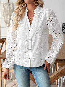 EMERY ROSE 女士镂空刺绣缺口领纽扣长袖衬衫 - 白色 - 查看 4