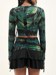 SHEIN EZwear 紮染金屬圓環拉鍊連帽短夾克和褶邊木耳邊側抽繩半身裙 - 彩色 - 查看 2