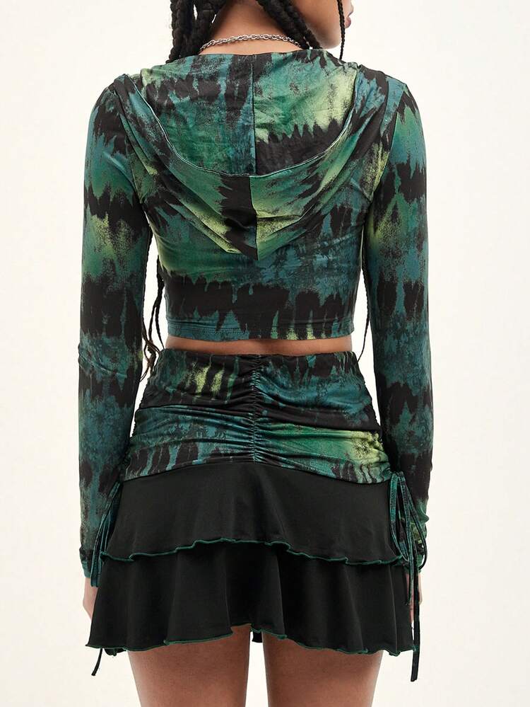 Tie Dye O-ring Zipper Hooded Crop Jacket & Ruched Lettuce Trim Drawstring Side Skirt