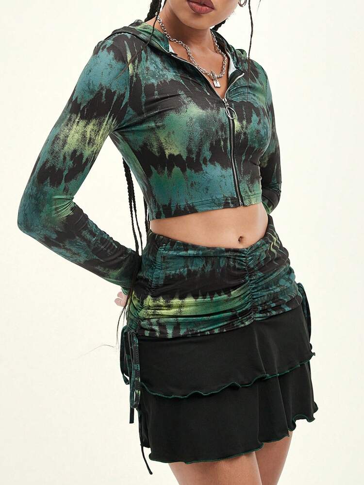 Tie Dye O-ring Zipper Hooded Crop Jacket & Ruched Lettuce Trim Drawstring Side Skirt