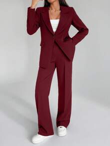 EURMUSE Bộ quần áo hai mảnh màu trơn dành cho nữ, gồm áo blazer và quần dài. - Màu Đỏ Sâu - Xem 6